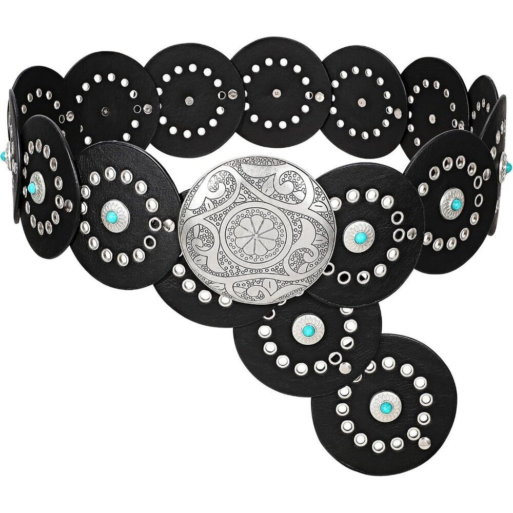 Woman's Western PU Leather Belts Concho Disc Wide Waist Belt Black Silver Buckle